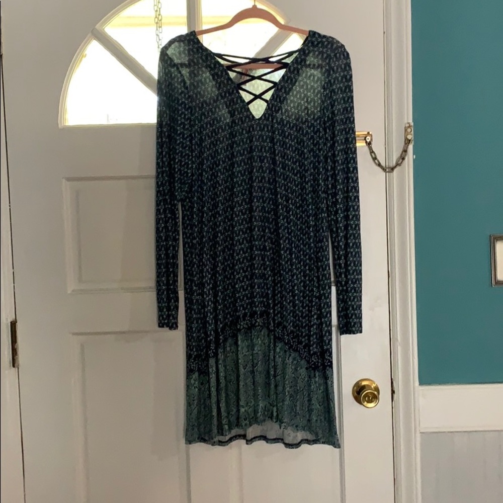 Red camel lace up front dress